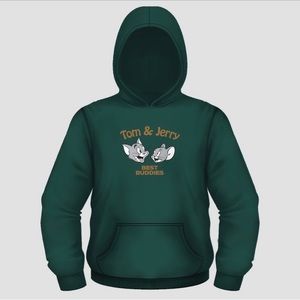 Graphic Print Tom & Jerry Pullover Hoodie Sweatshirt Pouch Pocket Green L